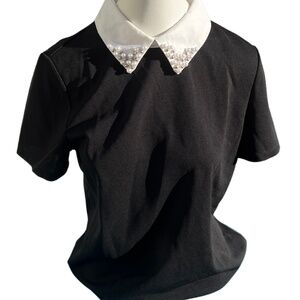 Chic Black Short-Sleeve Top with Pearl Embellished Collar
